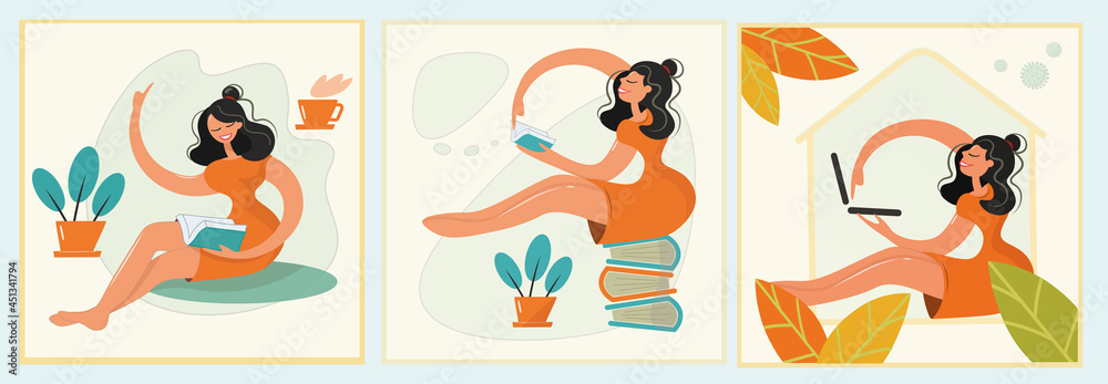 Recruitment with a girl for distance learning. Happy and successful brunette working and studying at home. He reads books, works on a computer in warmth and comfort. Back to school vector illustration