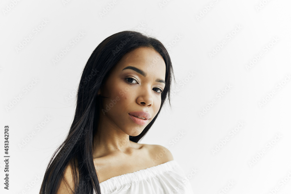woman african appearance white dress cosmetics fashion posing woman african appearance white dress cosmetics fashion posing