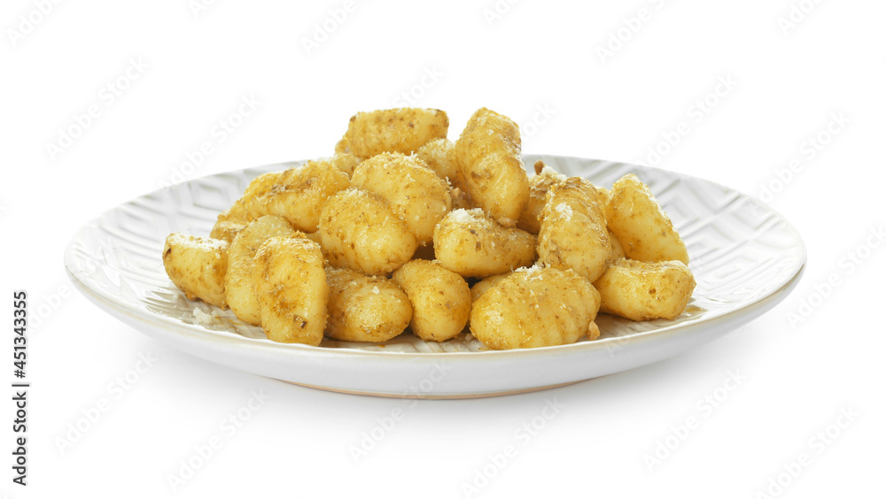 Plate with tasty pesto gnocchi on white background Plate with tasty pesto gnocchi on white background