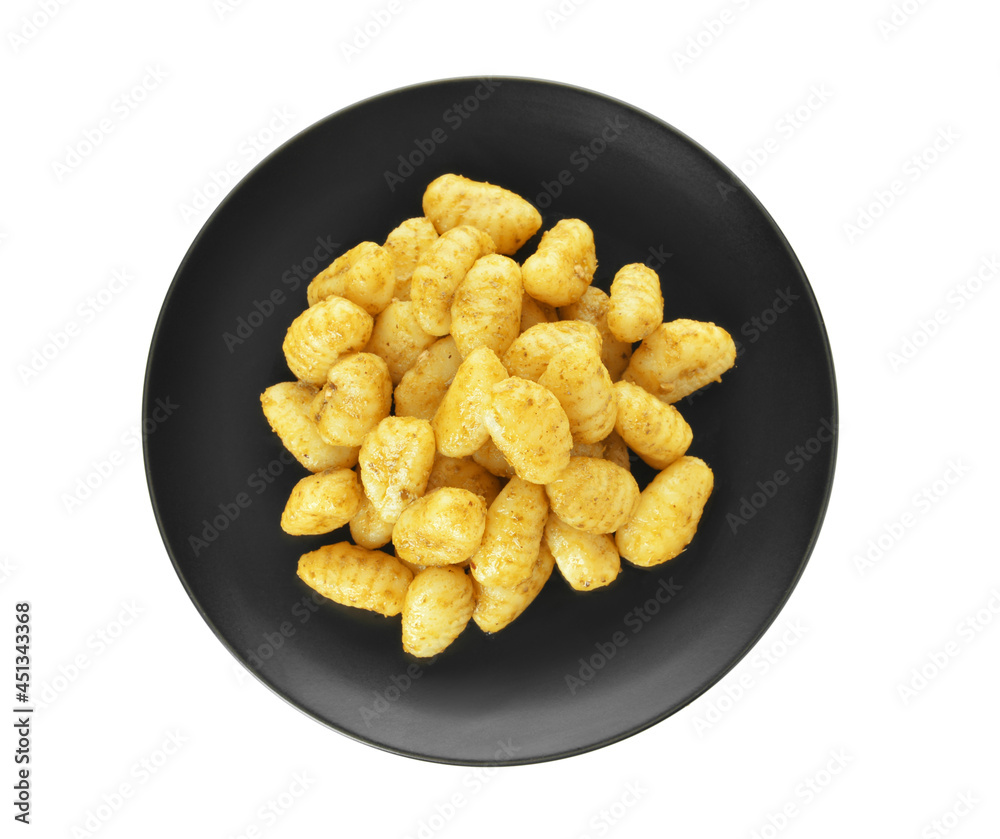 Plate with tasty pesto gnocchi on white background Plate with tasty pesto gnocchi on white background