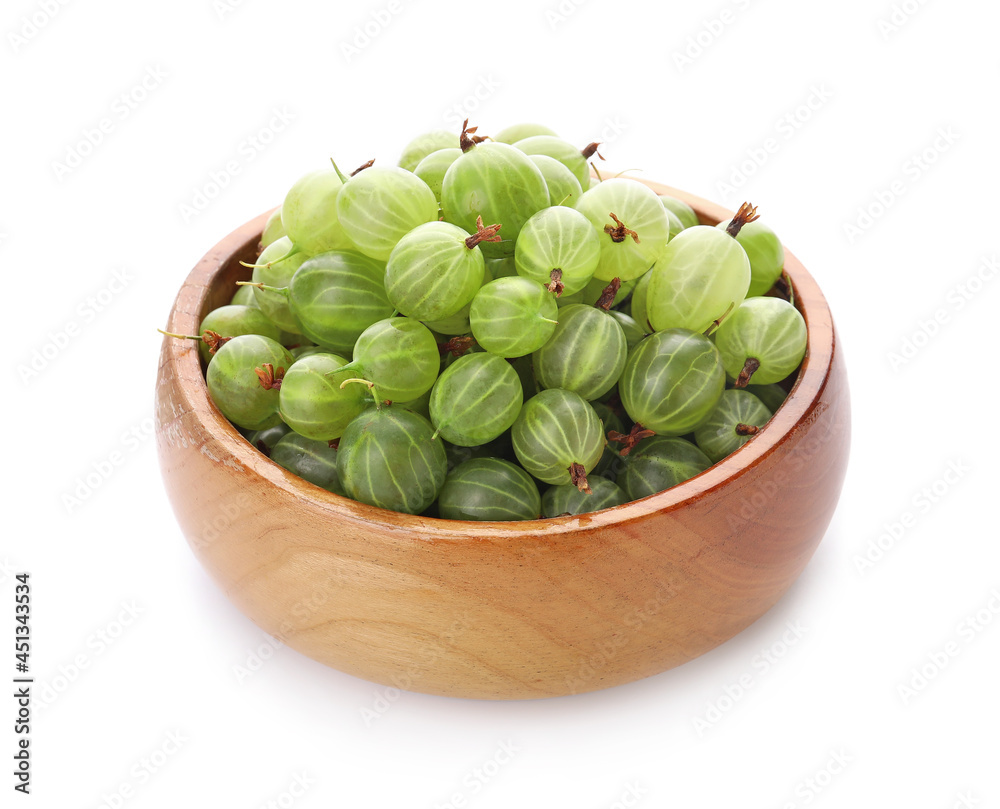 Bowl with fresh ripe gooseberry on white background Bowl with fresh ripe gooseberry on white background