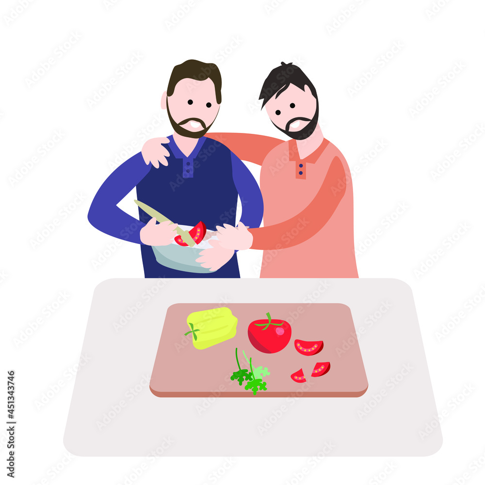 Two gay men are preparing a tomato salad. Vector illustration. Two gay men are preparing a tomato salad. Vector illustration.