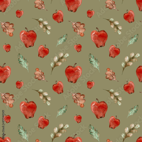 Watercolor fall background. Red cartooon style apples, green and orange leaves. Harvest concept. Seamless autumn pattern.