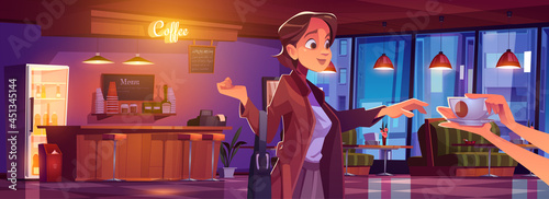 Woman visiting coffee shop, girl take cup in cafe