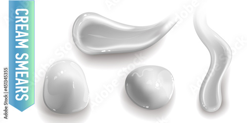 Set of realistic cosmetic cream smears. Skincare product of different body colors. Lotion smooth smear isolated vector texture on white background.