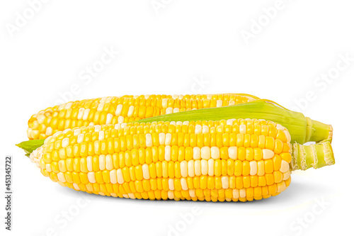 Two colors sweet corn, peeled isolated on white background