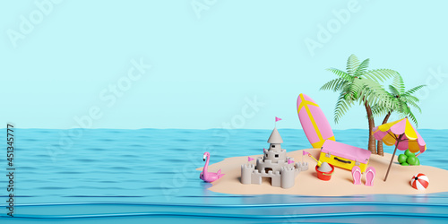 summer travel with yellow suitcase, sand castle,surfboard,island,umbrella,Inflatable flamingo,coconut tree,sandals,sea isolated on blue sky background, concept 3d illustration or 3d render