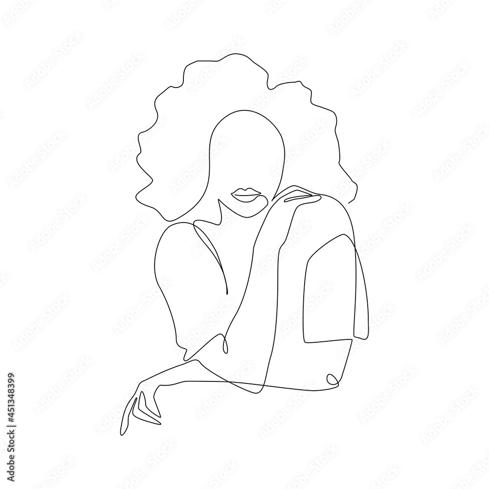 One continuous line drawing of Abstract woman with curly hair in t ...
