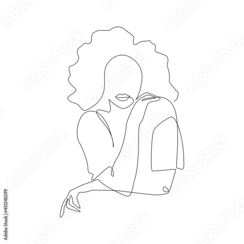 One continuous line drawing of Abstract woman with curly hair in t-shirt. Modern female portrait in linear style for Wall Art, Print, Card, Poster. Doodle Vector illustration