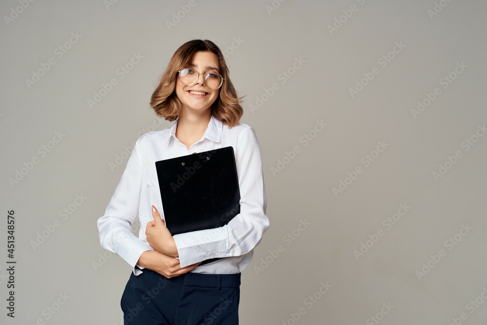 Business woman in white shirt documents professional office Business woman in white shirt documents professional office