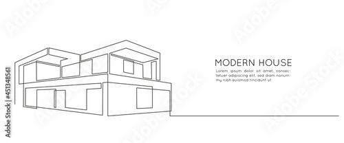 One continuous line drawing of modern house with minimalist architecture. Trendy two story villa in doodle linear style isolated on white background. Vector illustration