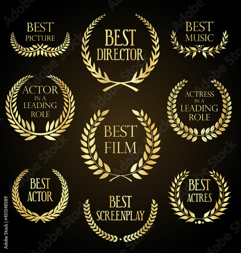 Collection of golden label with laurel wreath film award luxury template design