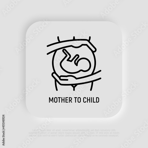 Pregnant woman with embryo in belly. Maternity. Thin line icon. Modern vector illustration.