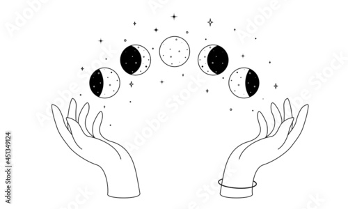 Alchemy esoteric mystical magic celestial talisman with woman hands and moon phases outline. Spiritual occultism object in simple linear style. Vector illustration