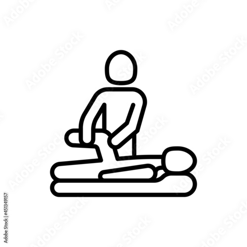 Massage, passive joint therapy thin line icon, physiotherapist warms up knee of man. Physiotherapy, rehabilitation. Modern vector illustration.
