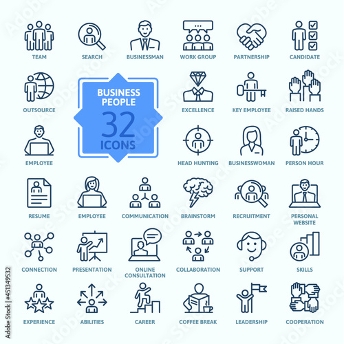 Business people, human resources, office management - thin line web icon set. Outline icons collection. Simple vector illustration.