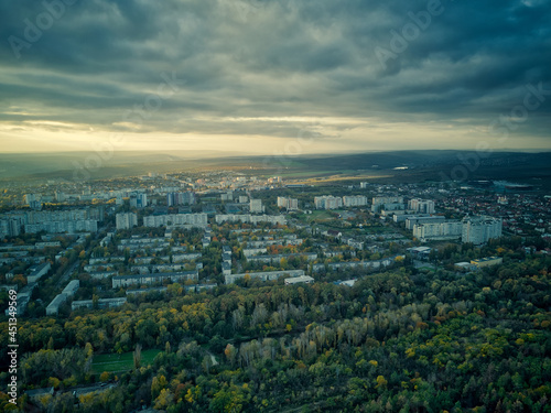 Aerial over the city in autumn at sunset. Kihinev city  Moldova republic of.