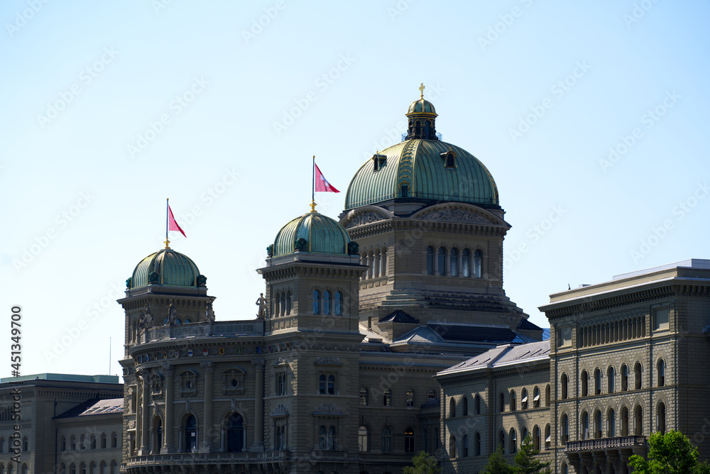 Federal Palace of Switzerland (German Bundeshaus), residence of national Swiss government and parliament. Photo taken July 29th, 2021, Bern, Switzerland.