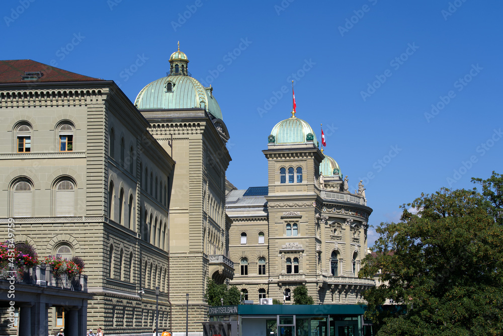 Federal Palace of Switzerland (German Bundeshaus), residence of national Swiss government and parliament. Photo taken July 29th, 2021, Bern, Switzerland.