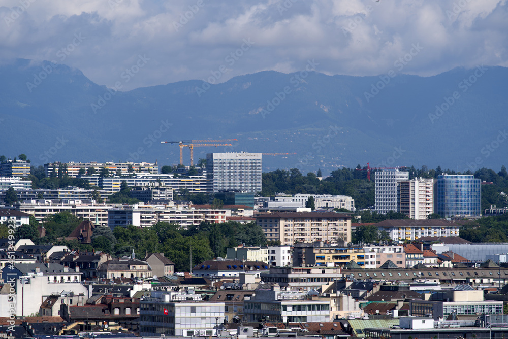 Aerial view over City of Geneva on a sunny summer morning seen from church tower of St. Peter Cathedral. Photo taken July 29th, 2021, Geneva, Switzerland. Aerial view over City of Geneva on a sunny summer morning seen from church tower of St. Peter Cathedral. Photo taken July 29th, 2021, Geneva, Switzerland.