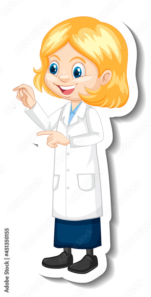 Cartoon character sticker with a girl in science gown Cartoon character sticker with a girl in science gown