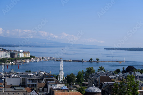 Aerial view over City of Geneva on a sunny summer morning with Lake Geneva and River Rhone in the background. Photo taken July 29th, 2021, Geneva, Switzerland.