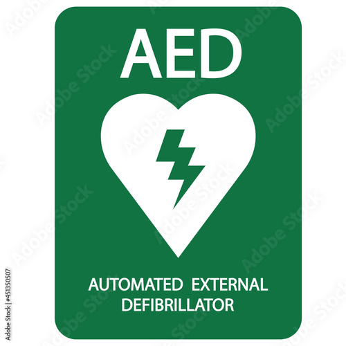 AED,automated external defibrillator / aed sign with heart and electricity symbol flat vector icon	
 photo