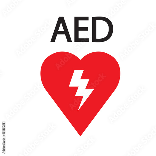 AED,automated external defibrillator / aed sign with heart and electricity symbol flat vector icon	
