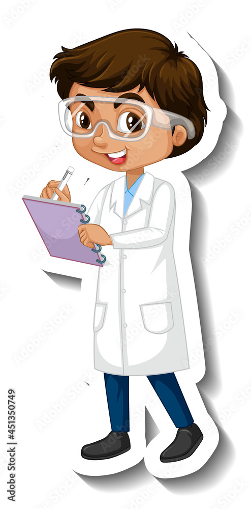 Cartoon character sticker with a boy in science gown