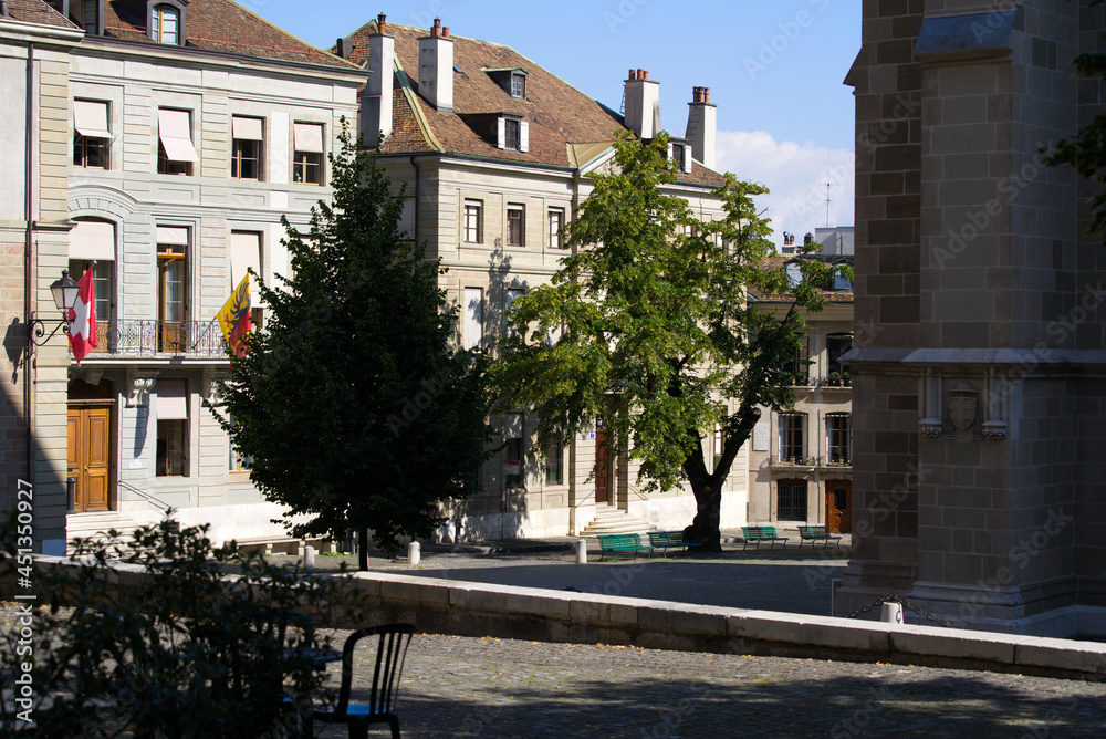 Court at the St. Peter Cathedral at the old town of Geneva on a sunny summer morning. Photo taken July 29th, 2021, Geneva, Switzerland.