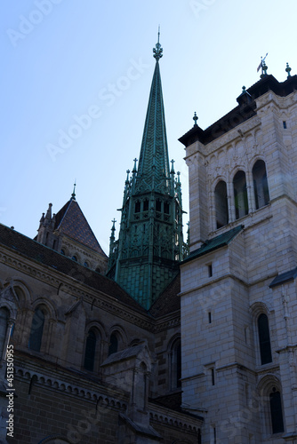 Protestant cathedral of St. Peter at the old town of Geneva on a sunny summer morning. Photo taken July 29th, 2021, Geneva, Switzerland.