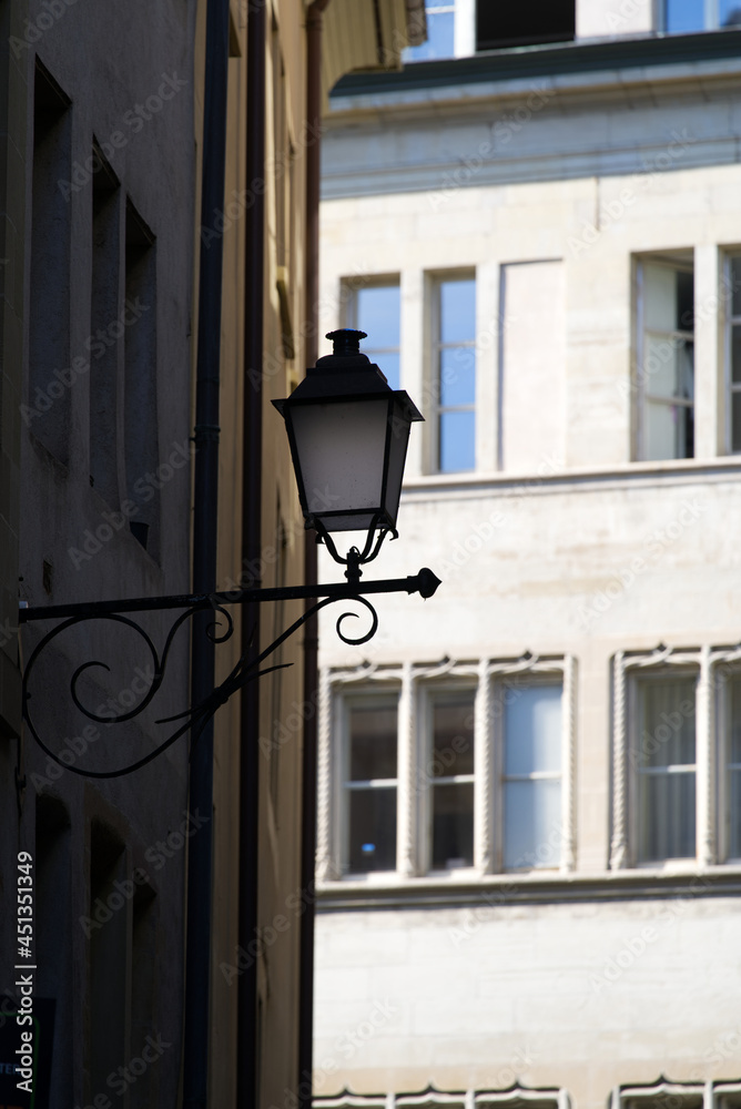 Lantern at the old town of Geneva on a sunny summer morning. Photo taken July 29th, 2021, Geneva, Switzerland.