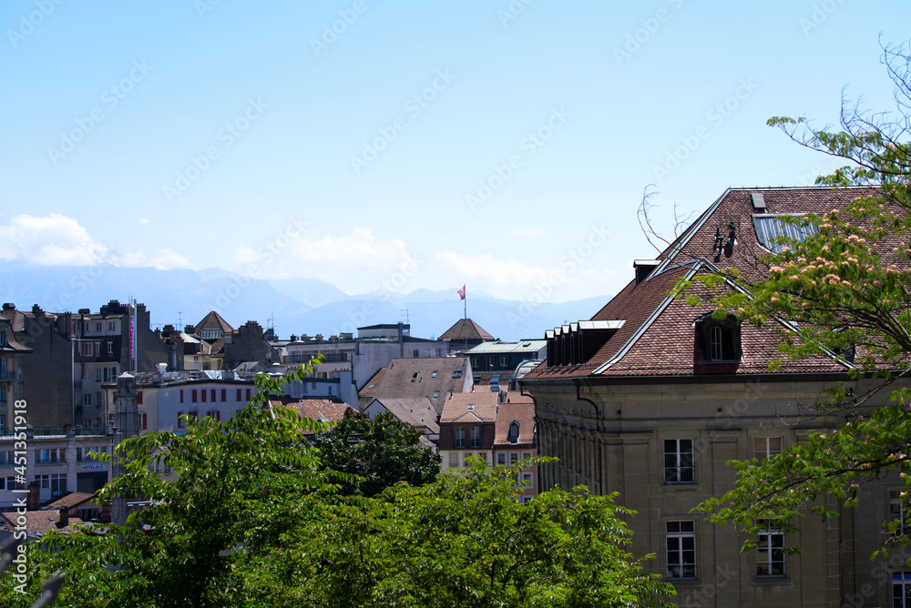 Aerial view over the old town of Lausanne seen form Charles Bessieres bridge. Photo taken July 29th, 2021, Lausanne, Switzerland.