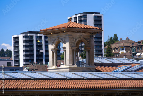 Panoramic view over the City of Lausanne on a beautiful summer day seen from court of Cathedral Notre dame. Photo taken July 29th  2021  Lausanne  Switzerland.