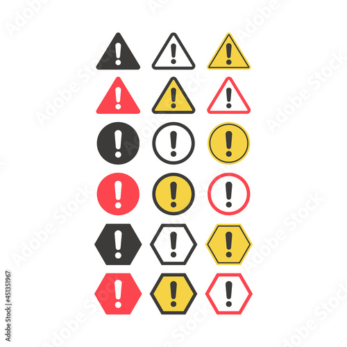 Warning sign with exclamation mark. Caution, danger and beware vector icon set.
