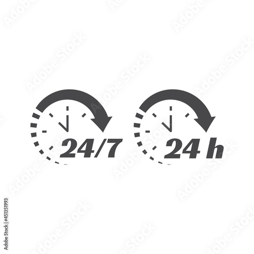 24 7 clock circle arrow for nonstop service icon. Non stop, twenty four hours support vector. Working hours set. photo