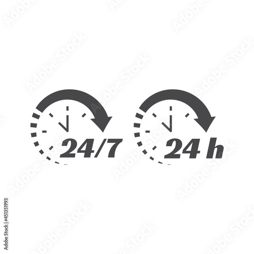 24 7 clock circle arrow for nonstop service icon. Non stop, twenty four hours support vector. Working hours set.