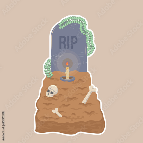 Vector illustration of a grave. Hand drawn cartoon headstone sticker for halloween, logo, icon, banner, poster.