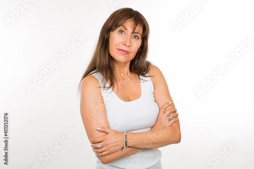 Canvas Print senior caucasian woman with safety pose with arms crossed on white background