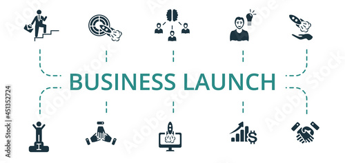 Business Launch icon set. Contains editable icons theme such as profit, teamwork, solution and more.
