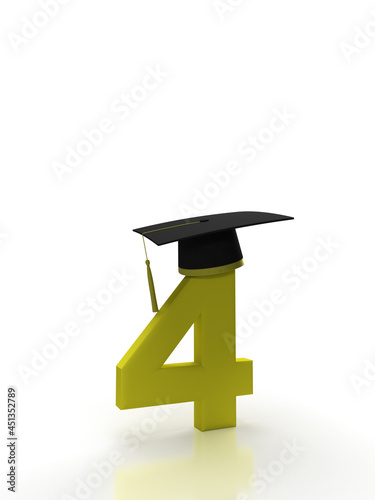 Number 4 four with student cap on isolated background in purple for back to school.