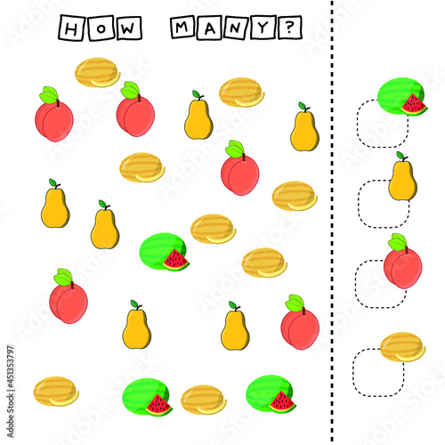 Developing activities for children  count as many  colorful fruites watermelon   pear  peach  melon. Logic game for children.