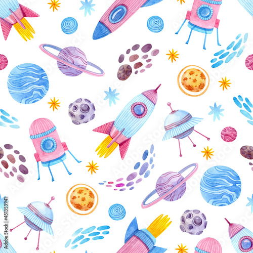 Wallpaper Mural Seamless watercolor pattern with rockets, spaceship, planets, stars, meteors and asteroids. Cute baby space print. Torontodigital.ca