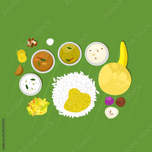 Traditional Kerala meals called 'Sadya' on a banana leaf background