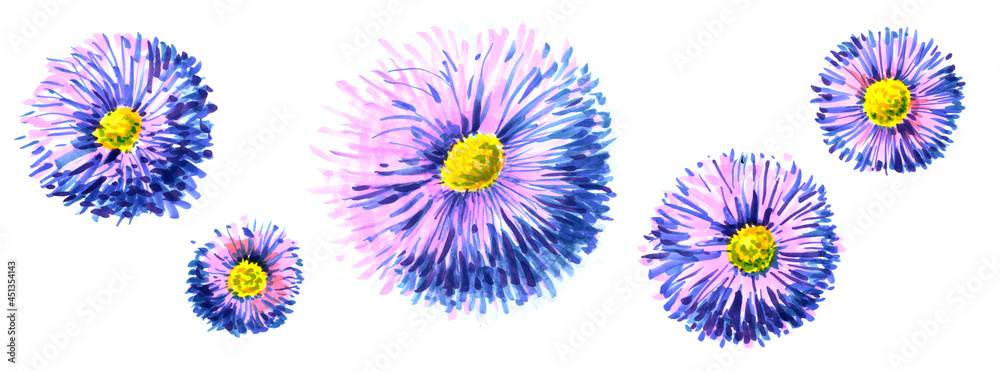 Set of purple flowers drawn by markers. For sketchbook, print, fabric, your design.