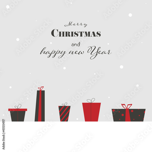 Merry Christmas and happy new Year - Geschenkkarte, abstrakte Geschenke mit verschieden Mustern in Rot und Schwarz stehen im Schnee nebeneinander, Banner, Vektor