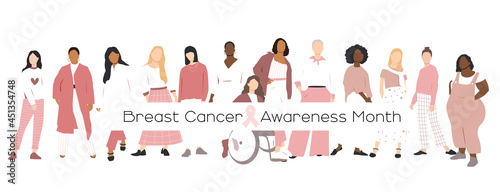 Breast cancer awareness month concept. Women of different ethnicities stand side by side together. Flat vector illustration.