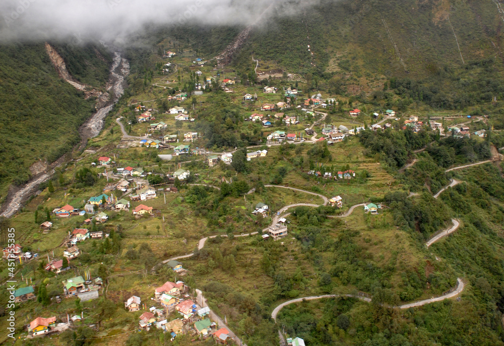 An areal view of Lachung village as seen from the chopper top during