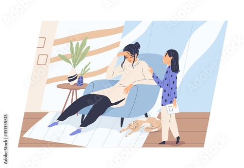 Tired exhausted unhealthy mother and concerned child. Sad fatigue mom and kid. Hard parenting and maternity concept. Psychological problems and difficulties of motherhood. Flat vector illustration