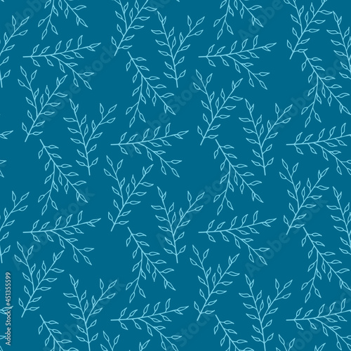 Seamless pattern with light blue branches on dark blue background. Vector image.